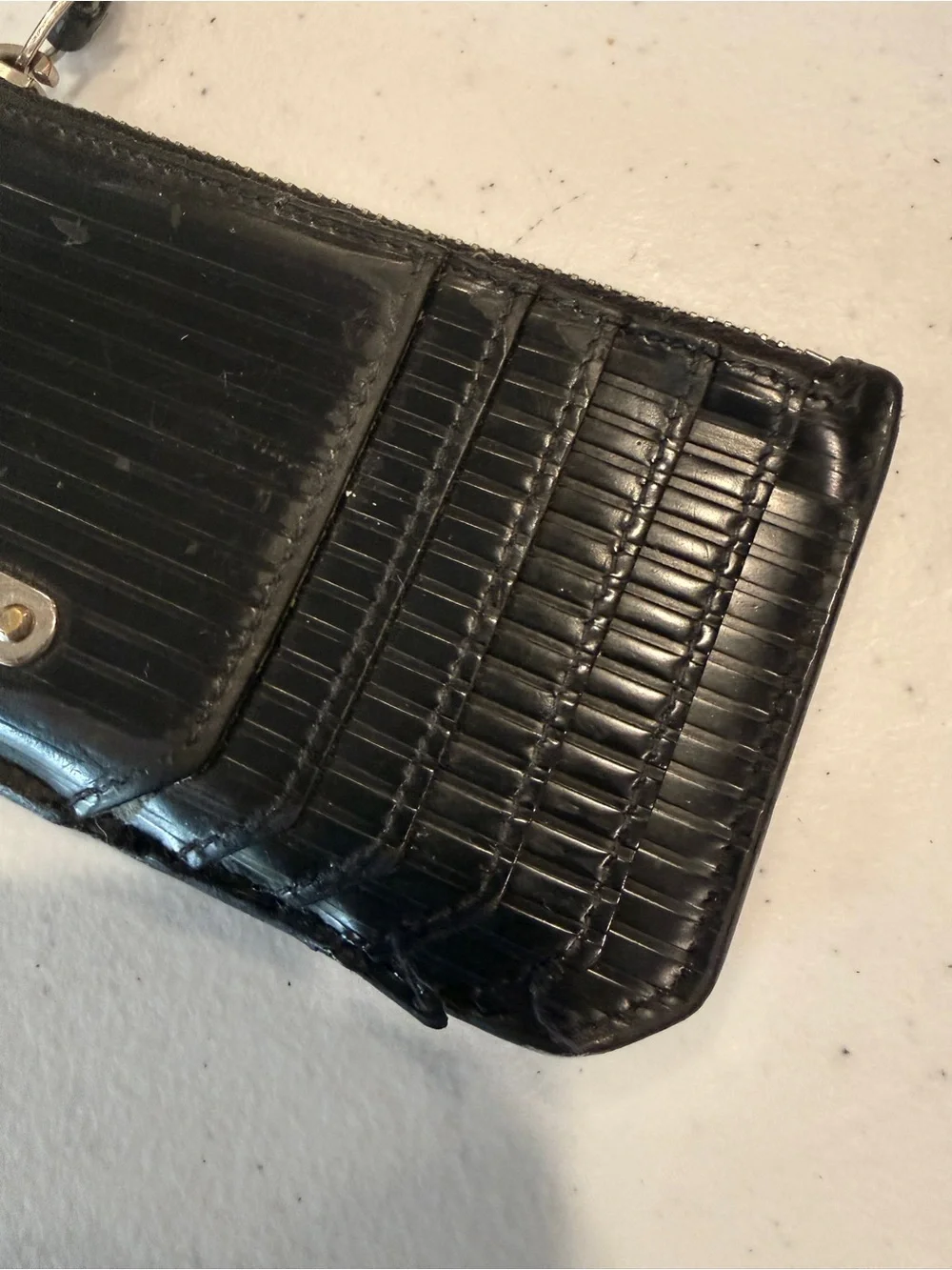 Saint Laurent Black Glossy Ridged Leather Card Case with Zip